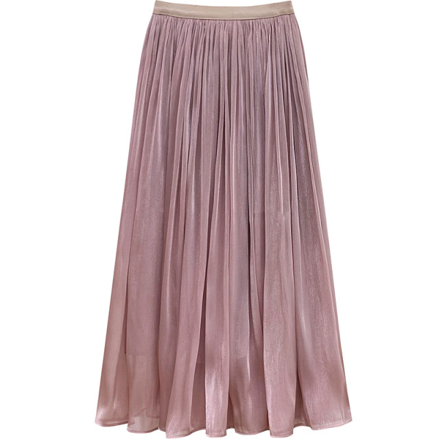 High-end glossy streamer beaded chiffon pleated skirt for women's summer retro style mid-length A-line skirt