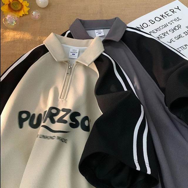 
Extra large size 300Jin [Jin equals 0.5kg] Student waffle half-zip design lapel short-sleeved t-shirt for men and women versatile Polo shirt summer