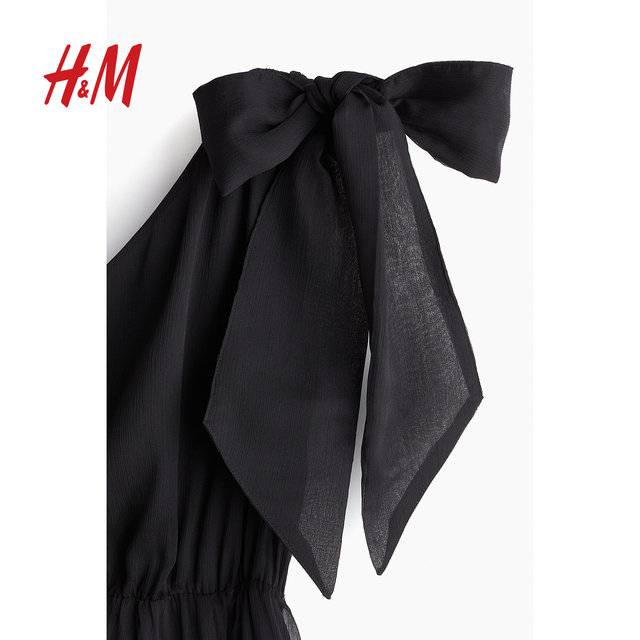 HM women's dress summer comfortable wrinkle chiffon forged sleeveless one-shoulder skirt 1235801