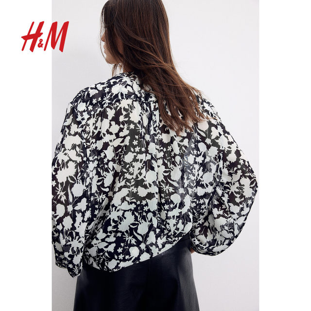HM women's shirt summer print oversized bottoming shirt lantern long-sleeved top 1257114
