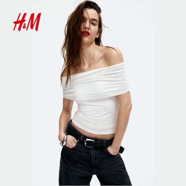 HM Women's T-shirt 2025 Summer New Off-Shoulder Top Underwear Base Shirt Slim One-Shoulder Short Sleeve 1259459

