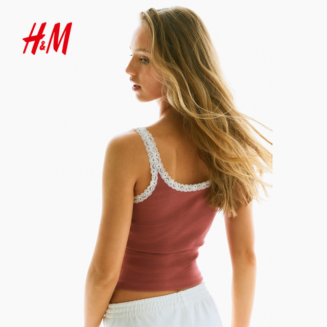 HM women's suspender 2025 summer new low round neck American slim lace sleeveless vest 1274285