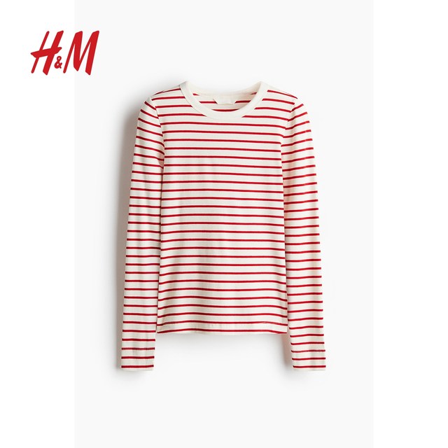 HM Women's T-shirt 2025 Summer New Simple Ribbed Stripe Slim Round Neck Long Sleeve Soft Top 1203084