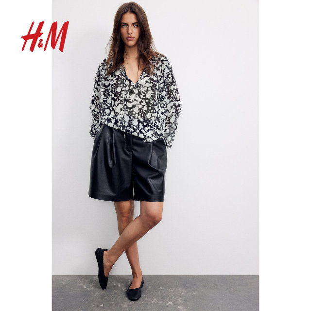 HM women's shirt summer print oversized bottoming shirt lantern long-sleeved top 1257114
