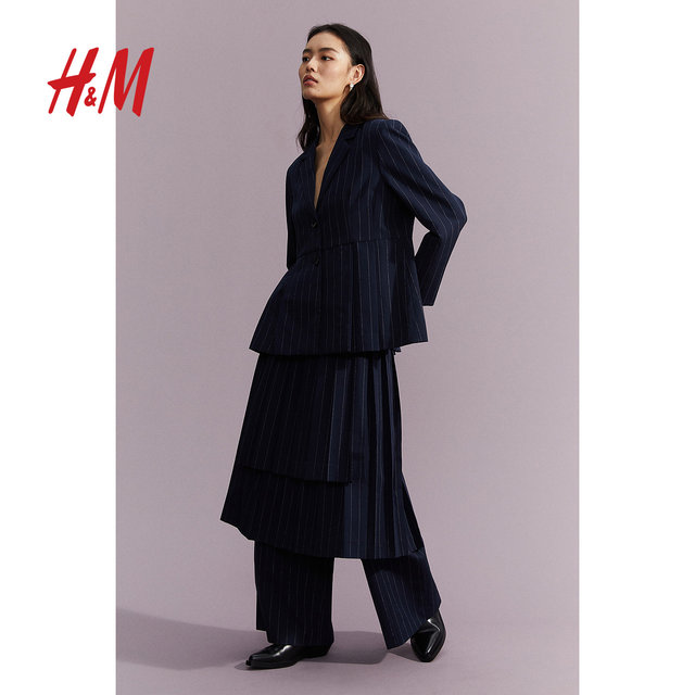HM women's suit summer shoulder padded pleated long sleeve single-breasted striped casual jacket 1211493
