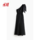 HM women's dress summer comfortable wrinkle chiffon forged sleeveless one-shoulder skirt 1235801