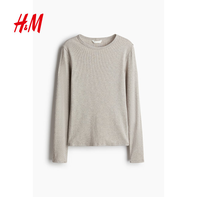 HM women's T-shirt summer fashion casual simple round neck cotton ribbed cotton slim long-sleeved top 1260555