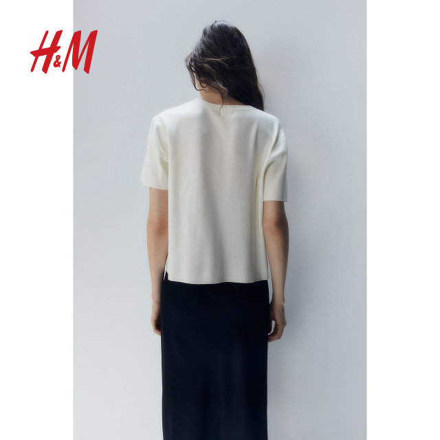 HM women's T-shirt 2025 summer new fine knitted comfortable round neck simple temperament short-sleeved top 1260796
