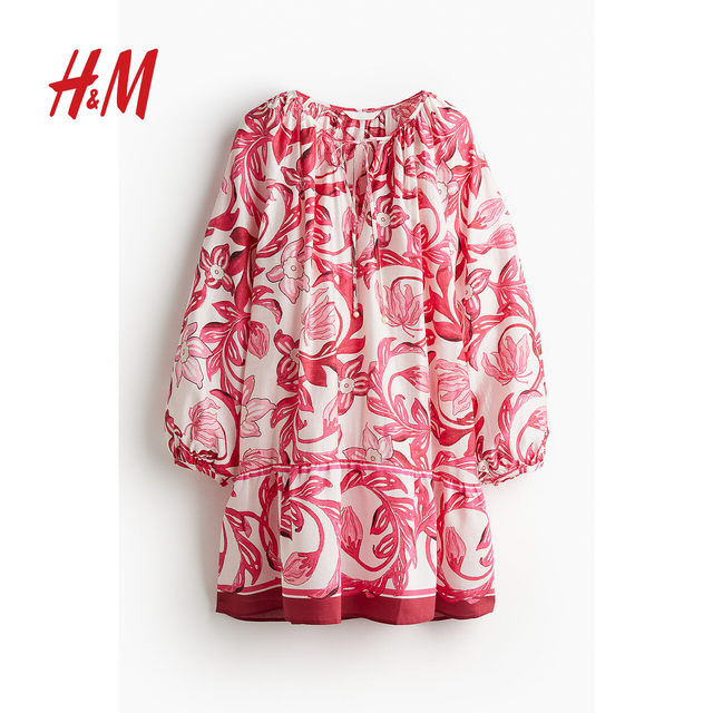 HM women's floral dress summer French loose round neck printed lantern long sleeve lace-up skirt 1217790