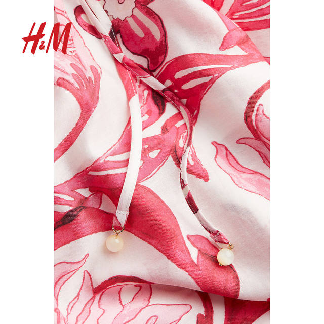 HM women's floral dress summer French loose round neck printed lantern long sleeve lace-up skirt 1217790