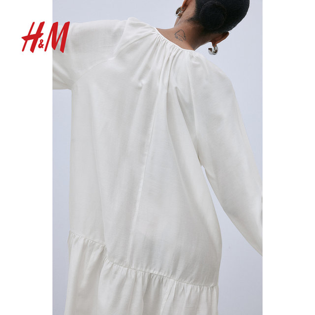 HM women's dress summer lace-up temperament high-end loose printed lantern long-sleeved short skirt 1217790