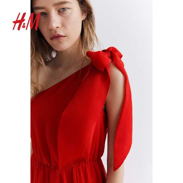HM women's dress summer red elegant one-shoulder comfortable chiffon bow midi skirt 1235801
