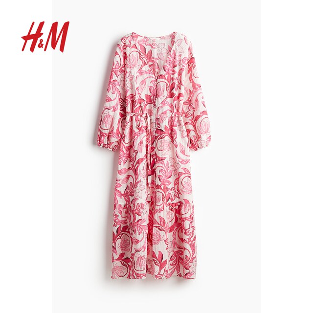 
HM women's dress summer V-neck waist lace-up crepe woven lantern French plant printed long skirt 1226566