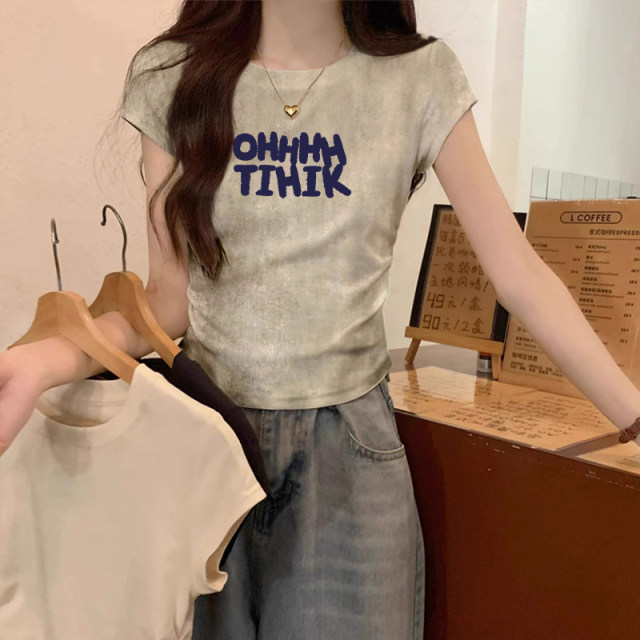 American style front shoulder tie-dyed chic short-sleeved T-shirt for women 2025 summer new design waist-hugging slim short top
