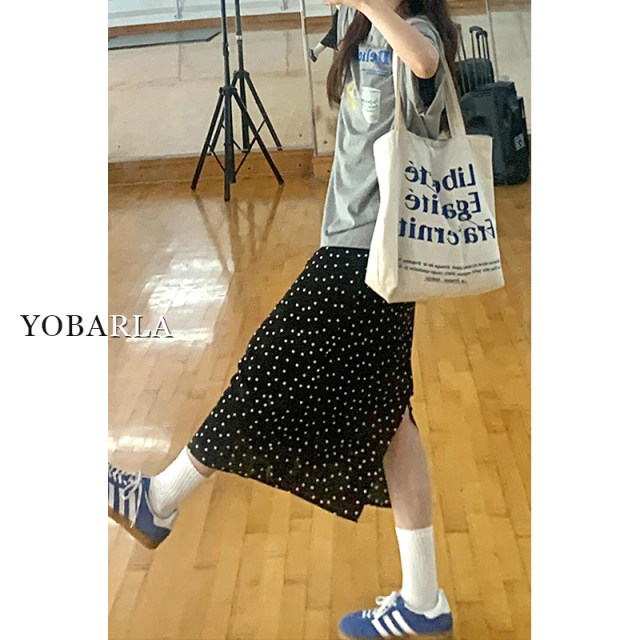 Black wave dot suit female summer large size fat MM covered belly, thin pear -shaped figure medium long A -line skirt