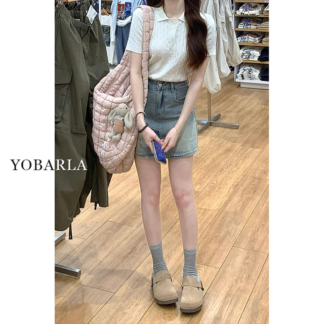 Light-colored denim short skirt for women with high waist summer new large size slim and fat mm pear-shaped body covering belly A-line skirt
