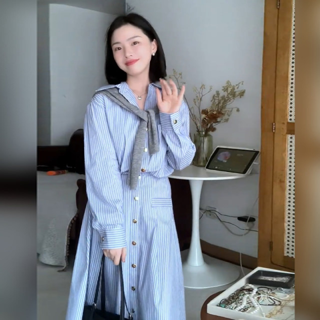 2025 new women's skirt French long-sleeved Polo collar blue casual striped waist-hugging shirt dress 6742