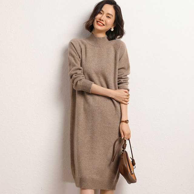 Half turtleneck cashmere skirt dress for women autumn and winter mid-length loose slimming knee-length sweater dress knitted long skirt