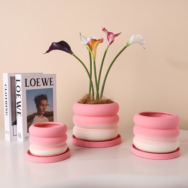 Peach pink gradient phalaenopsis orchid flower pot ceramic light luxury high-end sense home combination set pot orchid special flower pot
