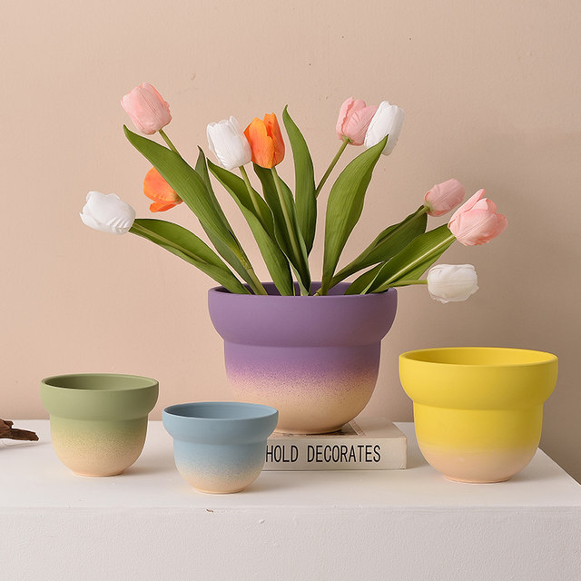 Gradient olive green ceramic plain-fired flower pot with holes and tray, water-absorbent and breathable green plant, tiger orchid, dopamine color