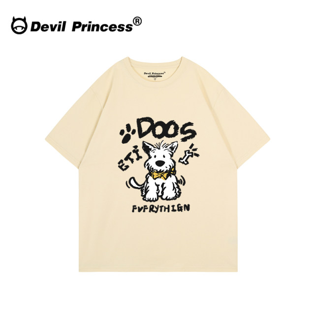 Oversize loose large version of gray short-sleeved T-shirt for women design sense cartoon dog print super hot shoulder top
