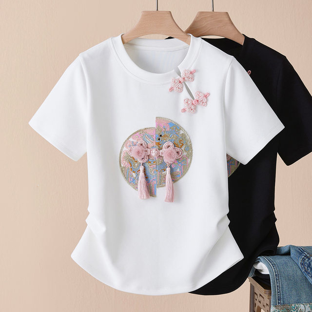 New Chinese style embroidered short-sleeved T-shirt for women 2025 summer round neck new women's large-size slim top