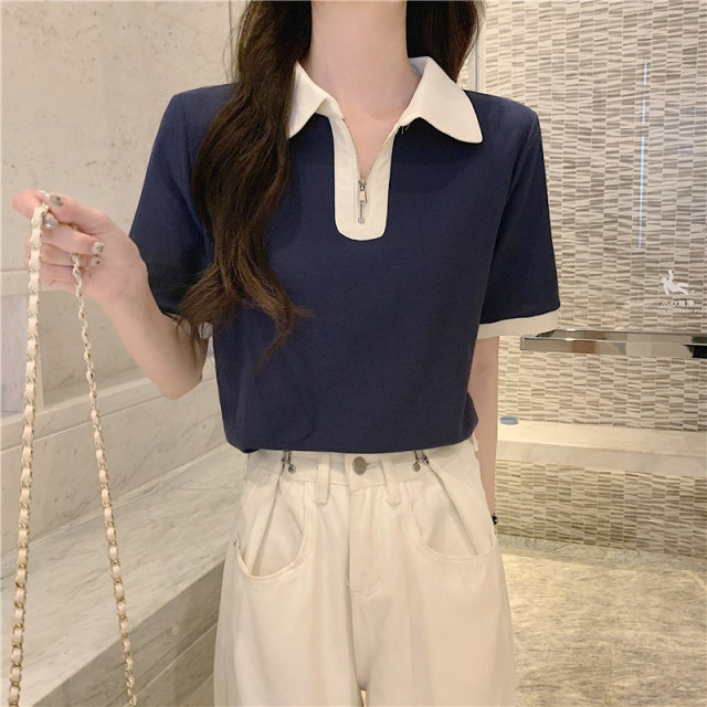 Women's short-sleeved summer polo collar versatile loose slim design niche half-sleeved top
