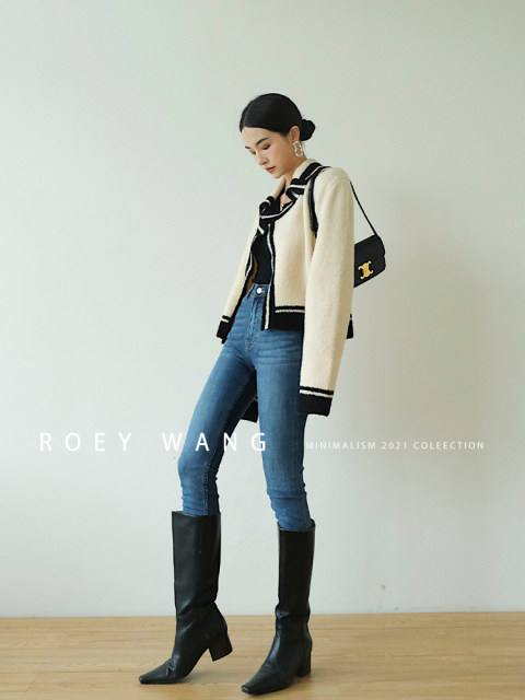 ROEYWANG Merino black and white contrasting niche design large lapel short jacket lazy style sweater knitted cardigan