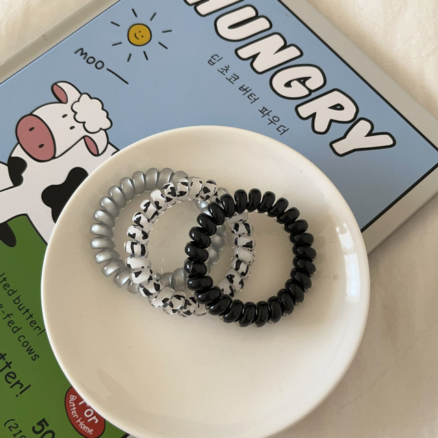 3-pack cute black and white cow series telephone rope hair ring basic versatile high elastic head rope rubber band hair accessories