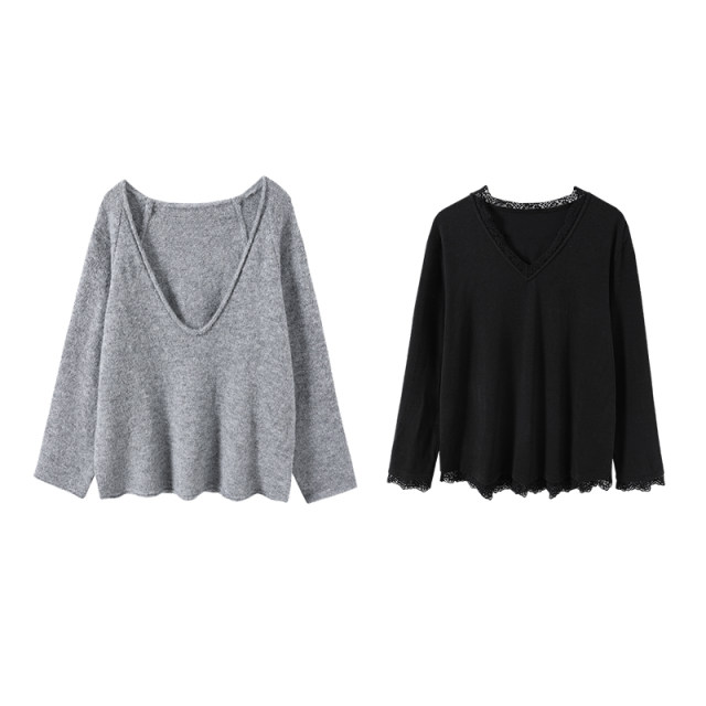 Jinggu White Label DADATATA Deep V-neck Knitted Top Lace Spliced ​​Collar T-shirt
