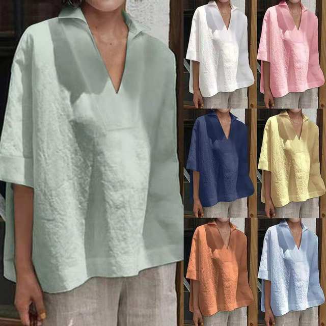 Large size women's clothing European and American style spring and summer new solid color V-neck loose simple literary casual short-sleeved shirt T-shirt top