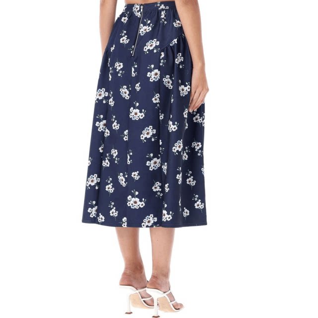 Commuter High Waist Dark Blue Flower Double Pockets Large Skirt