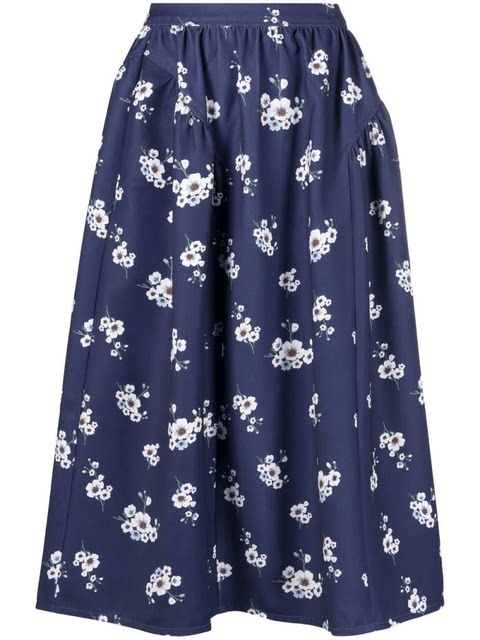 Commuter High Waist Dark Blue Flower Double Pockets Large Skirt