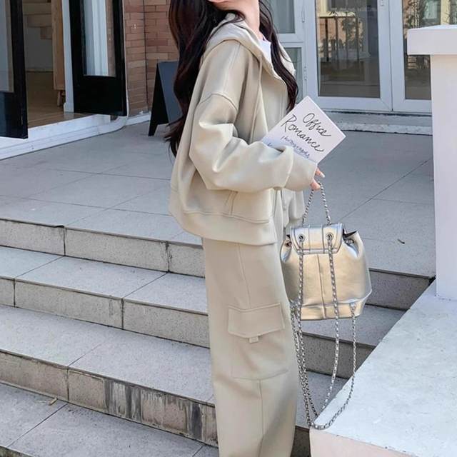 College style casual suit for women 2025 spring and autumn new small sports hooded sweatshirt jacket two-piece set