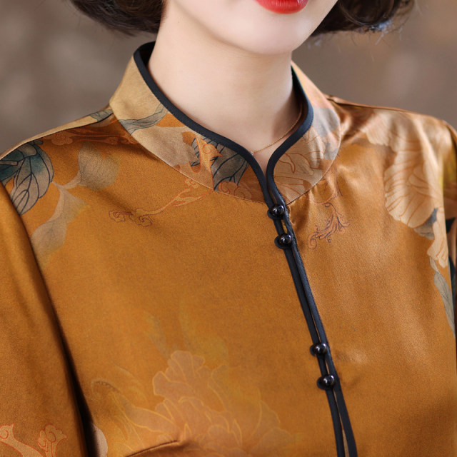 Lady Gui mulberry silk fragrance cloud yarn top new Chinese style women's retro satin jacquard stand collar silk jacket
