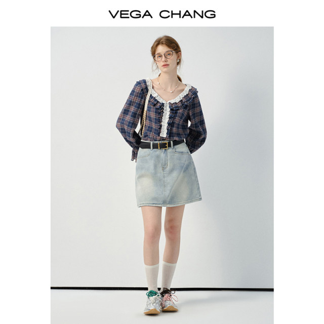 VEGA CHANG denim skirt for women in summer 2025 new retro high-end washing denim skirt