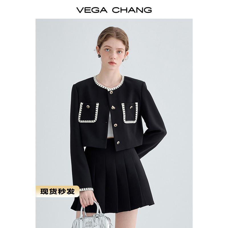 VEGA CHANG2023年初秋新款女裝小香風短外套百褶裙時尚兩件式套裝裙