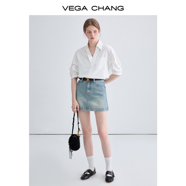 VEGA CHANG denim skirt for women in summer 2025 new retro high-end washing denim skirt