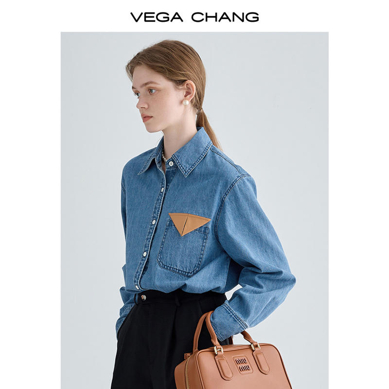 VEGA CHANG牛仔襯衫女2023秋新款小個子寬鬆顯瘦復古港風長袖襯衫