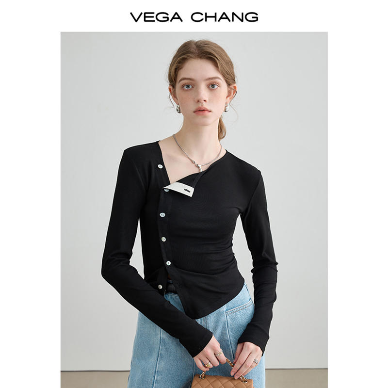 VEGA CHANG長袖T恤女2023秋季新款修身顯瘦黑色打底正肩休閒上衣
