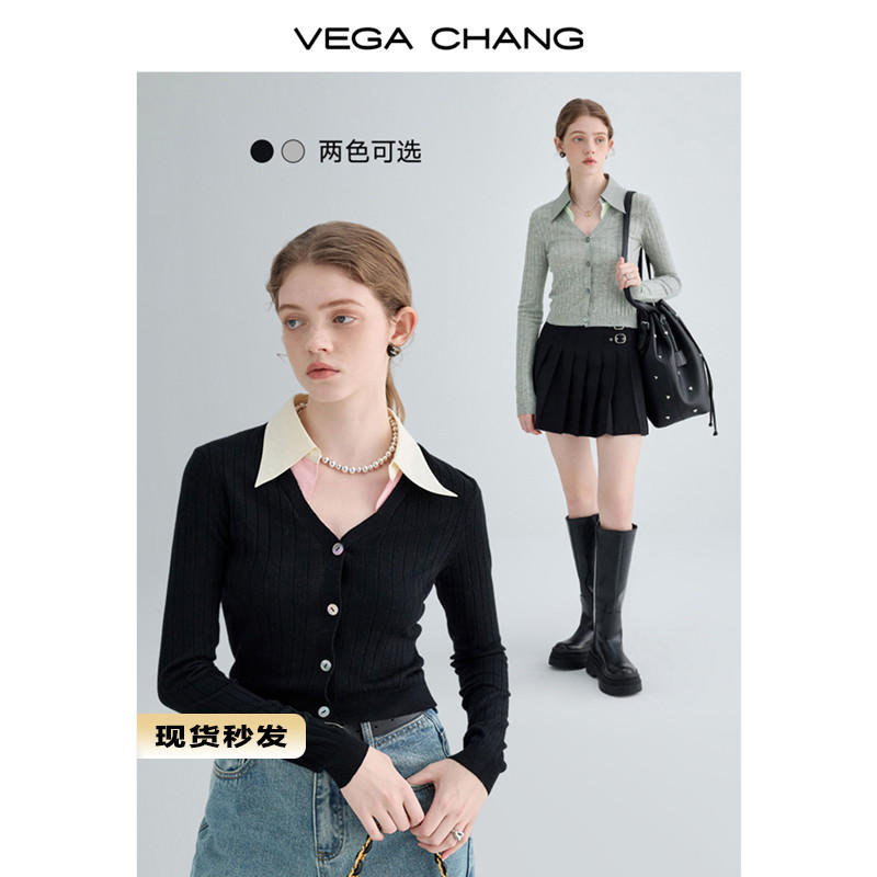 VEGA CHANGPolo領針織衫女2023秋新款設計感小眾修身顯瘦長袖上衣