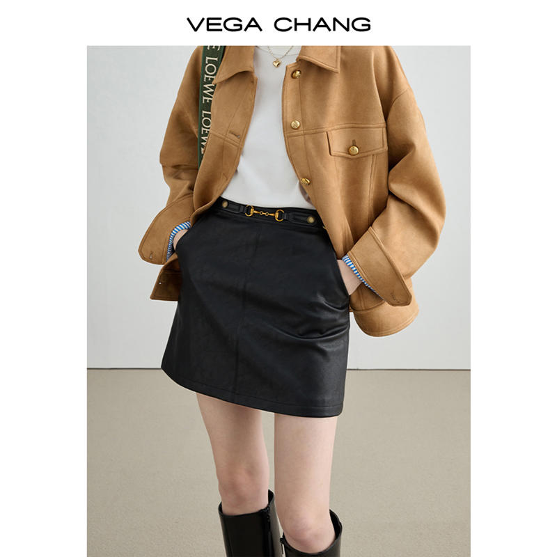 VEGA CHANG黑色半身裙女2023秋新款高級感顯瘦氣質皮裙包臀短裙子