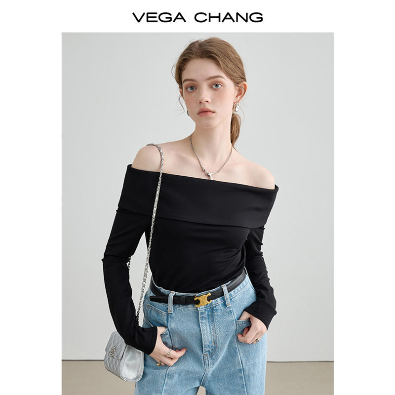 VEGA CHANG一字肩長袖T恤女2023秋季新款小個子顯瘦氣質打底上衣
