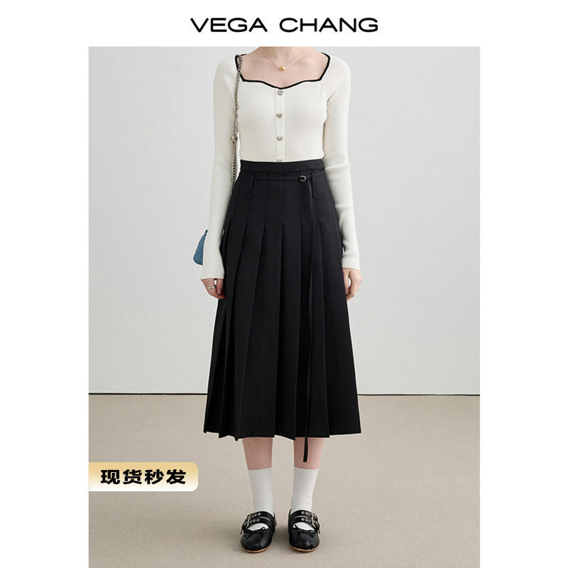 VEGA CHANG百褶半身裙女2023秋季新款高腰顯瘦氣質黑色a字半身裙