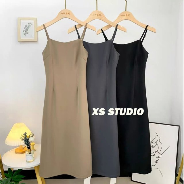 French retro dress for women in summer new style slim and waist-length mid-length slit suit base sling skirt