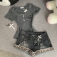 Confused bear Japanese style cute v-neck slim hot girl summer short-sleeved subculture kitten embroidered cute T-shirt for women