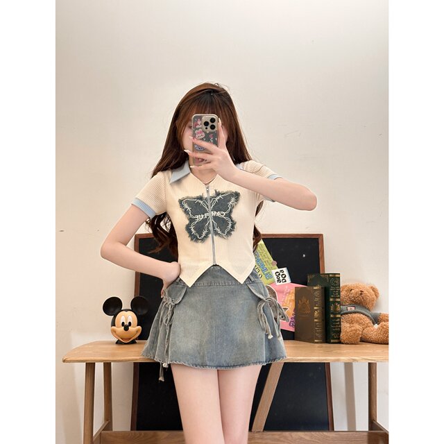 Fabric Pig Xilang Movement Sweet Academy Style Blue Denim Short Skirt Set Summer Print Top Two-piece Set