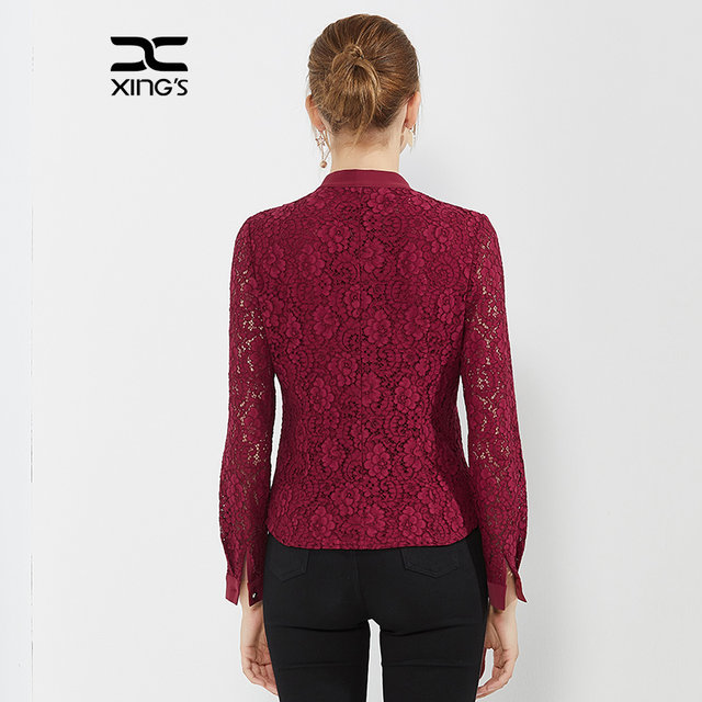 Xing's women's clothing spring and autumn new black lace commuting shirt women's long-sleeved hollow top bow tie shirt