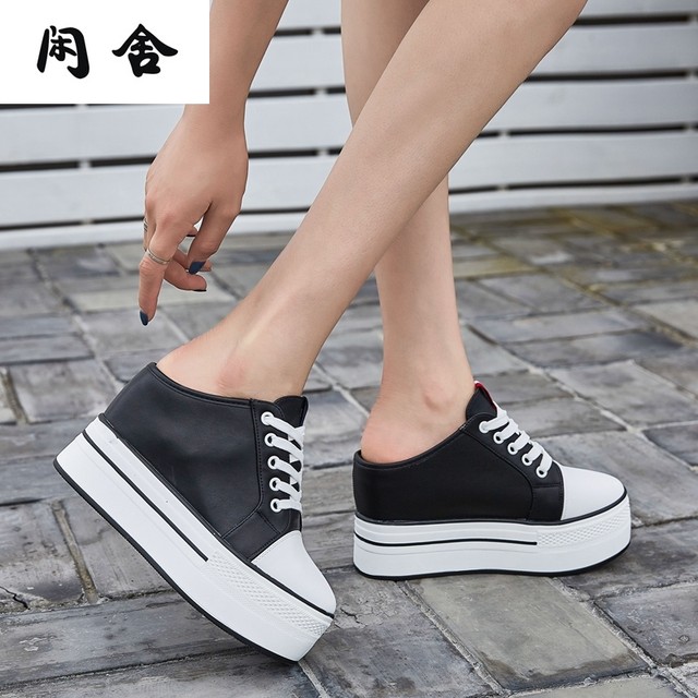 Xianshe autumn new style inner heightening half slippers college style Baotou women's sandals 10cm high heel platform thick sole no heel