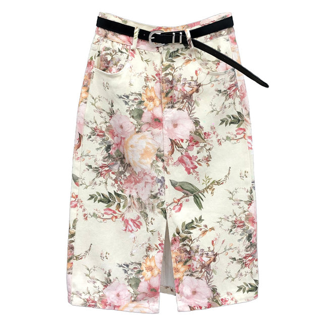 
Chinese style slit elegant Hong Kong style skirt for women 2025 summer new printed high waist mid-length hip jeans skirt